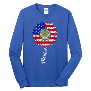 America Sunflower 4th Of July American Flag Patriotic Funny Gift Tall Long Sleeve T-Shirt