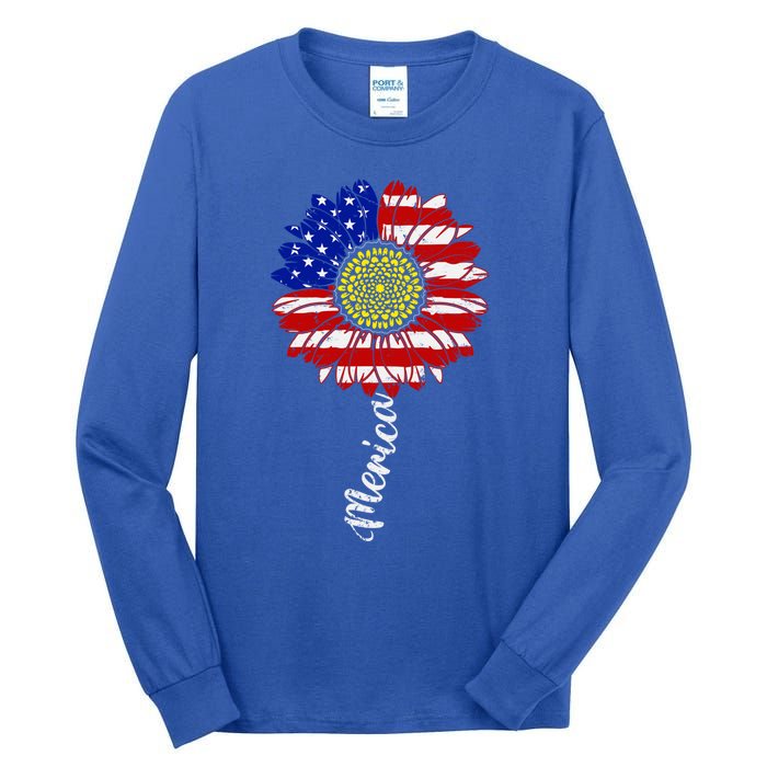 America Sunflower 4th Of July American Flag Patriotic Funny Gift Tall Long Sleeve T-Shirt