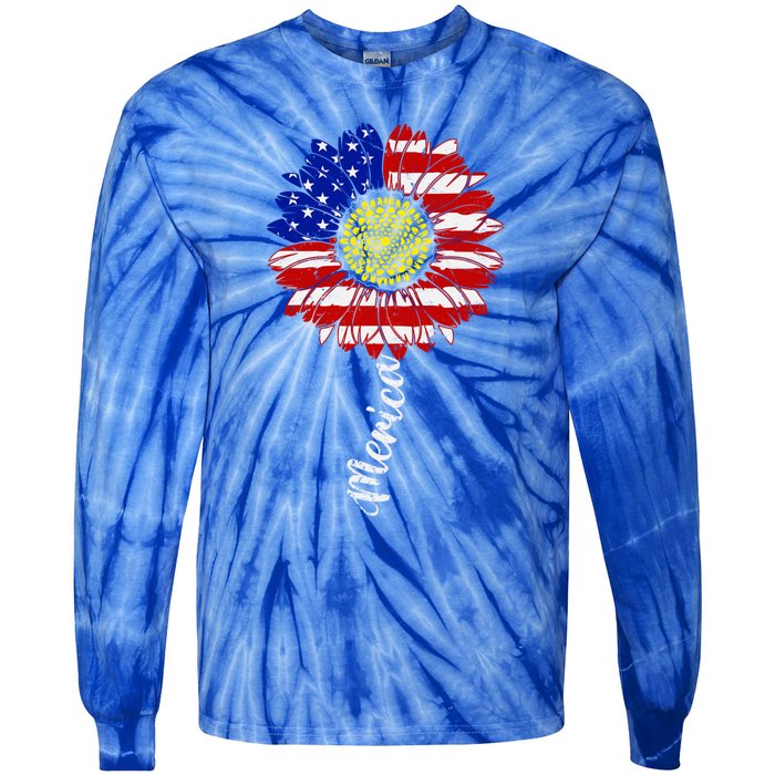 America Sunflower 4th Of July American Flag Patriotic Funny Gift Tie-Dye Long Sleeve Shirt