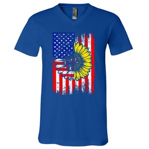 America Sunflower 4th Of July Usa American Flag Patriotic Great Gift V-Neck T-Shirt