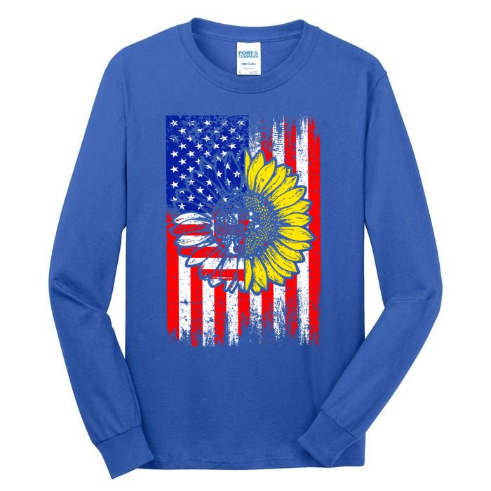 America Sunflower 4th Of July Usa American Flag Patriotic Great Gift Tall Long Sleeve T-Shirt