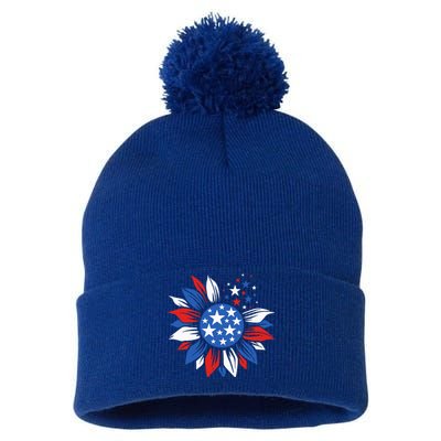 America Sunflower 4th Of July Patriotic American Pom Pom 12in Knit Beanie