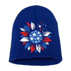 America Sunflower 4th Of July Patriotic American Short Acrylic Beanie