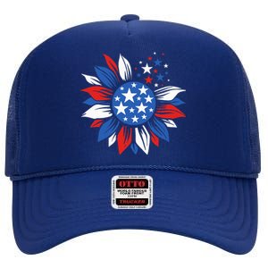 America Sunflower 4th Of July Patriotic American High Crown Mesh Back Trucker Hat