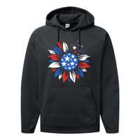 America Sunflower 4th Of July Patriotic American 4th Of July Performance Fleece Hoodie