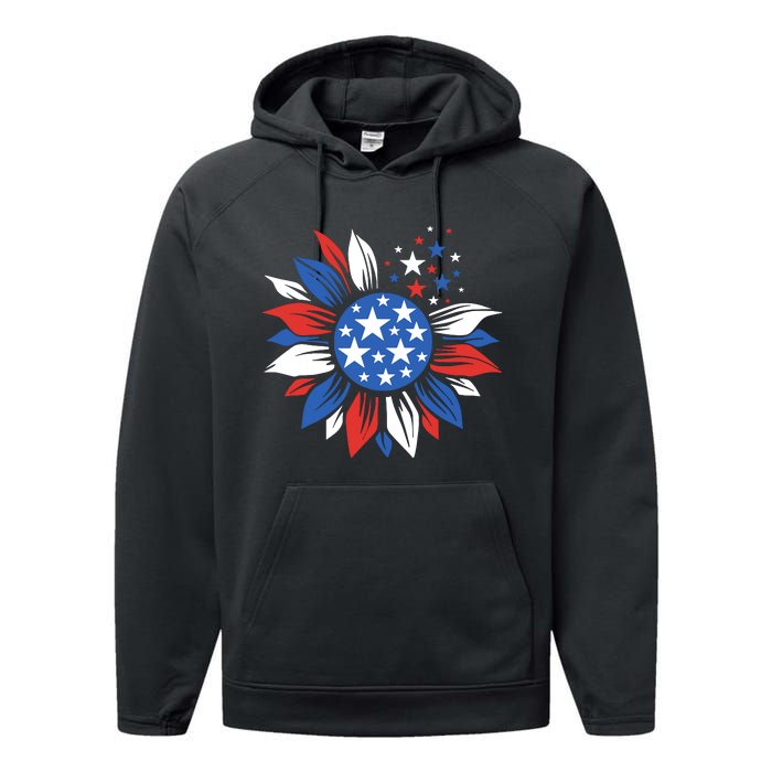 America Sunflower 4th Of July Patriotic American 4th Of July Performance Fleece Hoodie