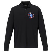 America Sunflower 4th Of July Patriotic American 4th Of July Performance Long Sleeve Polo