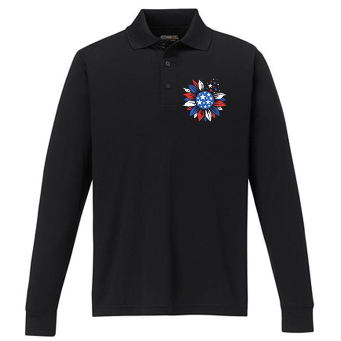 America Sunflower 4th Of July Patriotic American 4th Of July Performance Long Sleeve Polo