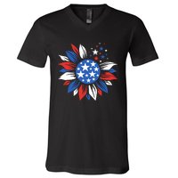 America Sunflower 4th Of July Patriotic American 4th Of July V-Neck T-Shirt