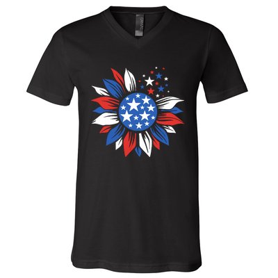 America Sunflower 4th Of July Patriotic American 4th Of July V-Neck T-Shirt