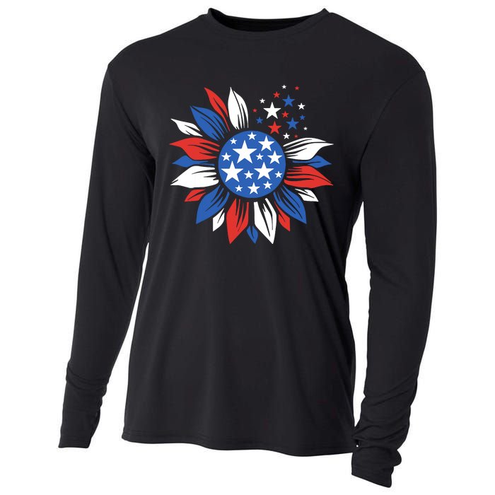 America Sunflower 4th Of July Patriotic American 4th Of July Cooling Performance Long Sleeve Crew