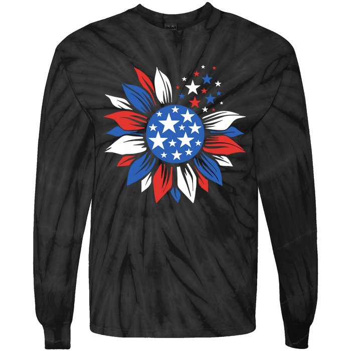 America Sunflower 4th Of July Patriotic American 4th Of July Tie-Dye Long Sleeve Shirt