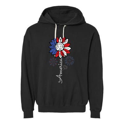 America Sunflower 4th Of July Independence Day Patriotic Garment-Dyed Fleece Hoodie