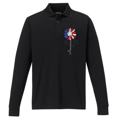 America Sunflower 4th Of July Independence Day Patriotic Performance Long Sleeve Polo