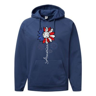 America Sunflower 4th Of July Independence Day Patriotic Performance Fleece Hoodie