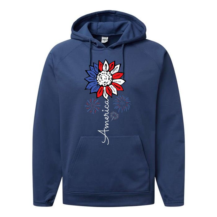 America Sunflower 4th Of July Independence Day Patriotic Performance Fleece Hoodie