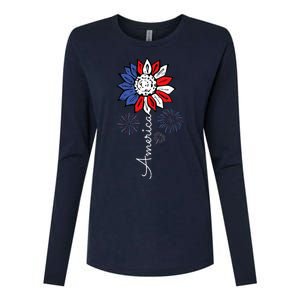 America Sunflower 4th Of July Independence Day Patriotic Womens Cotton Relaxed Long Sleeve T-Shirt