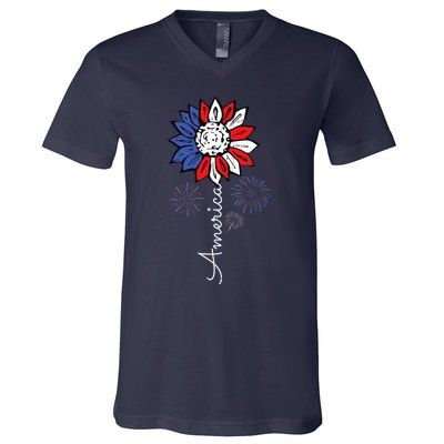 America Sunflower 4th Of July Independence Day Patriotic V-Neck T-Shirt