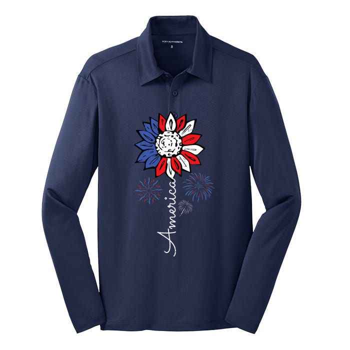 America Sunflower 4th Of July Independence Day Patriotic Silk Touch Performance Long Sleeve Polo