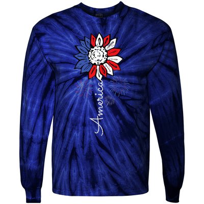 America Sunflower 4th Of July Independence Day Patriotic Tie-Dye Long Sleeve Shirt