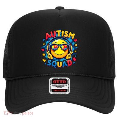 Autism Squad Autism Autistic Smile Face Autism Mom Dad Gift High Crown Mesh Back Trucker Hat