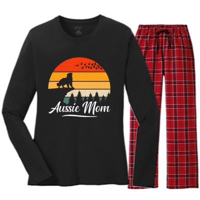 Australian Shepherd Aussie Mom Dog Sunset Retro Style Women's Long Sleeve Flannel Pajama Set 