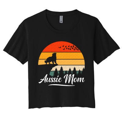 Australian Shepherd Aussie Mom Dog Sunset Retro Style Women's Crop Top Tee