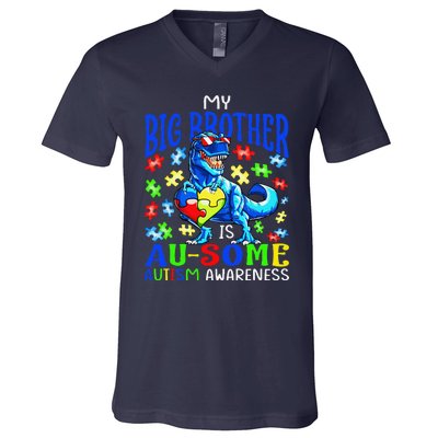 Autism Support Autistic My Big Brother Is Awesome Dinosaur V-Neck T-Shirt