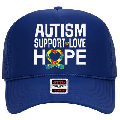 Autism Support Awareness Puzzle Ribbon Heart High Crown Mesh Back Trucker Hat