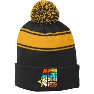 Awesome Since August 1979 Fishing 40th Birthday Gift Stripe Pom Pom Beanie