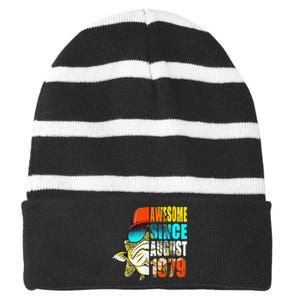 Awesome Since August 1979 Fishing 40th Birthday Gift Striped Beanie with Solid Band