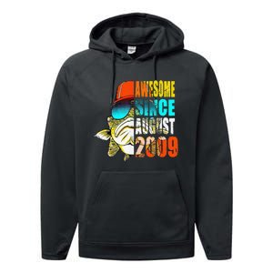 Awesome Since August 2009 Fishing 10th Birthday Gift Performance Fleece Hoodie