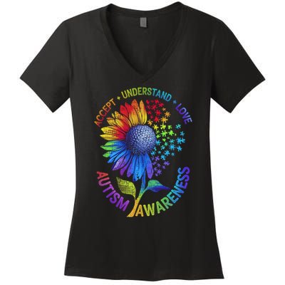Autism Sunflower Autism Awareness Sunflower Women's V-Neck T-Shirt