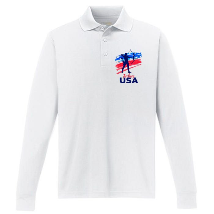 Archery Sport Archer Support Team Flag Usa American Performance Long Sleeve Polo