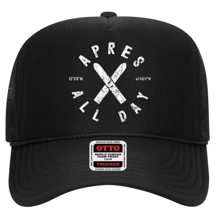 Apres Ski All Day Ski Cool Skier Winter Sports Skiing High Crown Mesh Back Trucker Hat