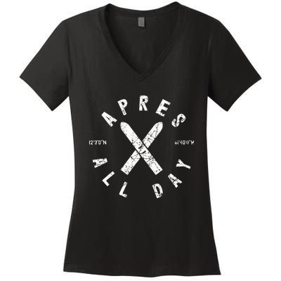 Apres Ski All Day Ski Cool Skier Winter Sports Skiing Women's V-Neck T-Shirt