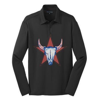 Americana Stars And Stripes Cow Skull Gift Silk Touch Performance Long Sleeve Polo