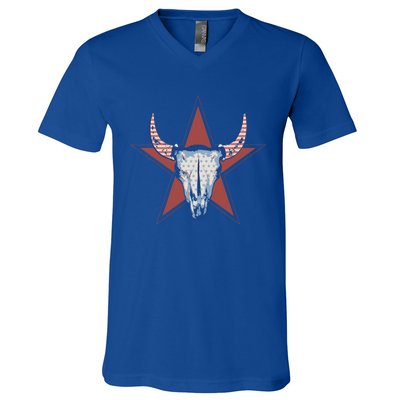 Americana Stars And Stripes Cow Skull Gift V-Neck T-Shirt