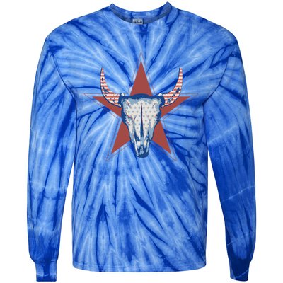 Americana Stars And Stripes Cow Skull Gift Tie-Dye Long Sleeve Shirt