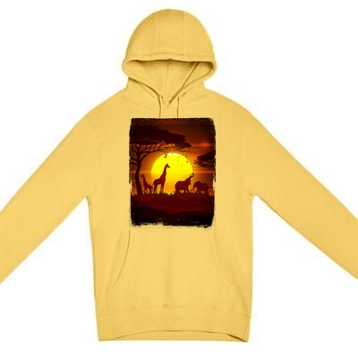 African Safari Animals Sunset Scene Premium Pullover Hoodie