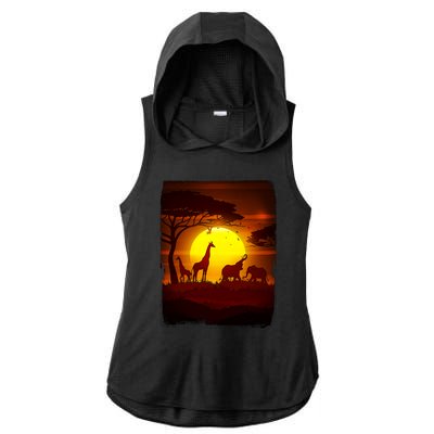 African Safari Animals Sunset Scene Ladies PosiCharge Tri-Blend Wicking Draft Hoodie Tank