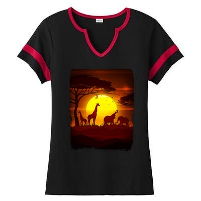 African Safari Animals Sunset Scene Ladies Halftime Notch Neck Tee