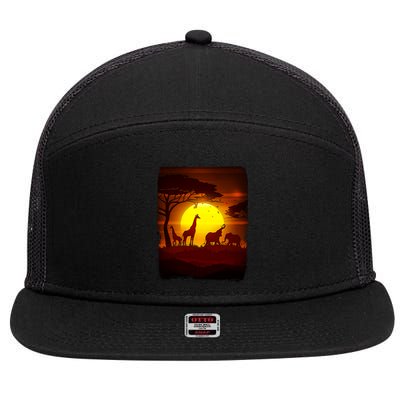 African Safari Animals Sunset Scene 7 Panel Mesh Trucker Snapback Hat