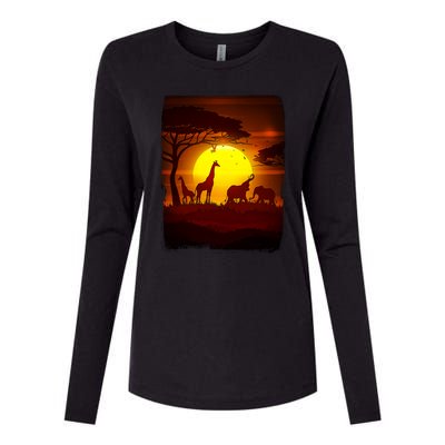 African Safari Animals Sunset Scene Womens Cotton Relaxed Long Sleeve T-Shirt