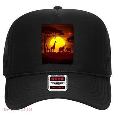 African Safari Animals Sunset Scene High Crown Mesh Back Trucker Hat