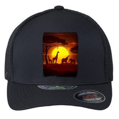 African Safari Animals Sunset Scene Flexfit Unipanel Trucker Cap
