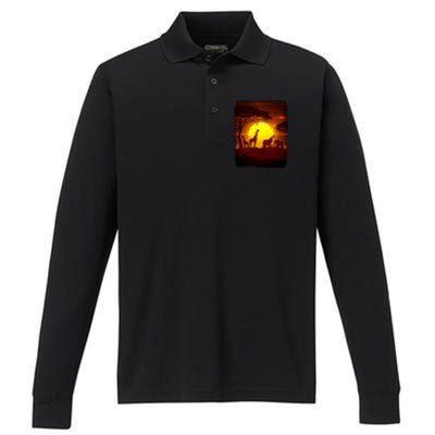 African Safari Animals Sunset Scene Performance Long Sleeve Polo