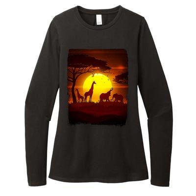 African Safari Animals Sunset Scene Womens CVC Long Sleeve Shirt