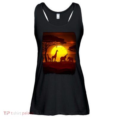 African Safari Animals Sunset Scene Ladies Essential Flowy Tank