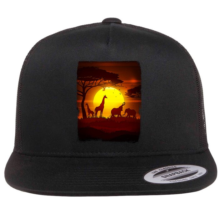 African Safari Animals Sunset Scene Flatbill Hat